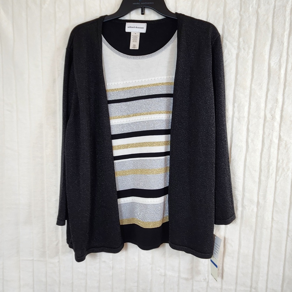 Alfred Dunner Classics Black Metallic Shimmer Cardigan Shell Set XL NWT NEW